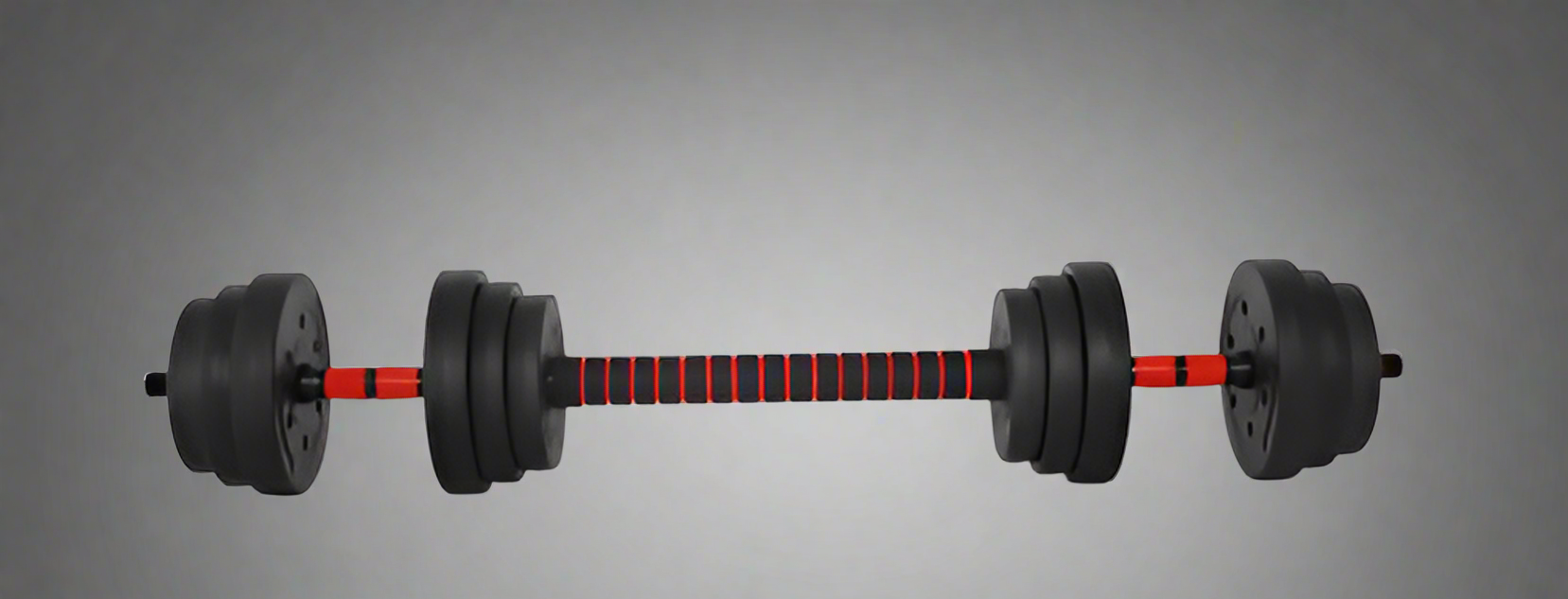 80 lb adjustable dumbbell set with textured grip and black weight plates
Pair of dumbbells with spinlock collars and metal connector bar
Full set of adjustable weight plates with barbell conversion chart