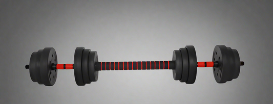 80 lb adjustable dumbbell set with textured grip and black weight plates
Pair of dumbbells with spinlock collars and metal connector bar
Full set of adjustable weight plates with barbell conversion chart