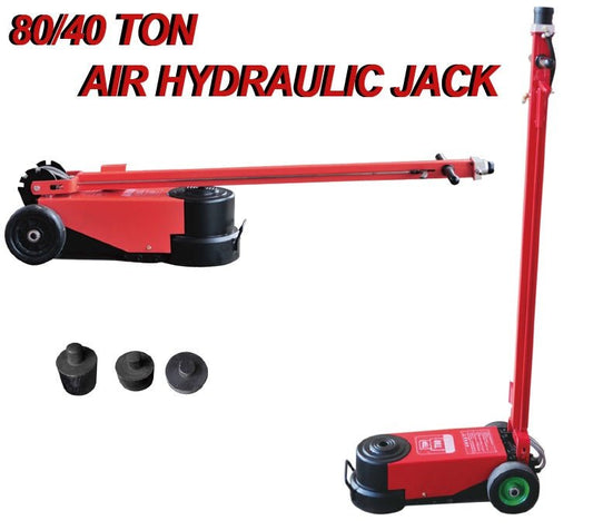 80 Ton 2-Stage Hydraulic Floor Jack – Full View with Handle
Industrial Air Jack – Side Profile of PHE80 with Lifting Saddles
Heavy-Duty Air Jack – Close-Up of Rotary Control and Wheels
Red 2-Stage Air Jack – Rear Caster and Base Frame View