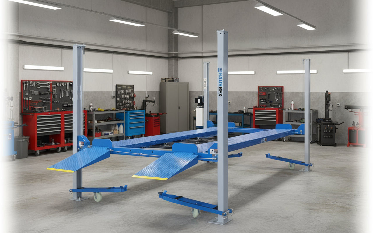 Blue portable 4-post car hoist in garage

Drive-on ramp and runway surface

Close-up of power unit and lift columns

Vehicle elevated on blue car lift

Heavy-duty safety locks and cable system