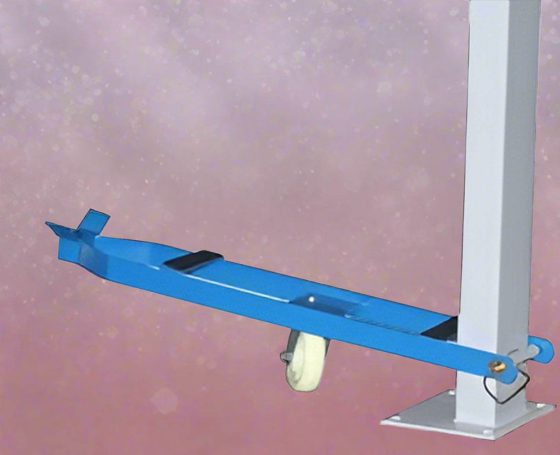 Blue portable 4-post car hoist in garage

Drive-on ramp and runway surface

Close-up of power unit and lift columns

Vehicle elevated on blue car lift

Heavy-duty safety locks and cable system