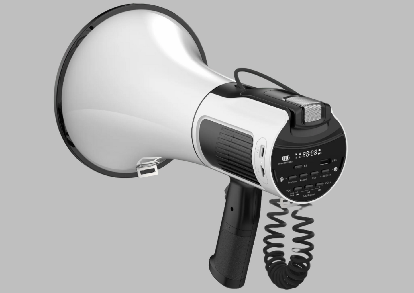 80W white Bluetooth megaphone with shoulder strap

Megaphone PA speaker with USB and SD card ports

Rechargeable handheld megaphone with built-in mic

Megaphone in outdoor sports setting

Megaphone speaker kit with accessories included