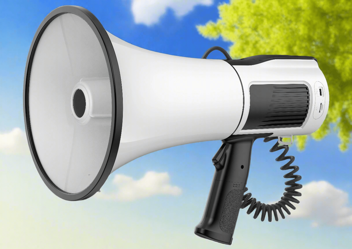 80W white Bluetooth megaphone with shoulder strap

Megaphone PA speaker with USB and SD card ports

Rechargeable handheld megaphone with built-in mic

Megaphone in outdoor sports setting

Megaphone speaker kit with accessories included