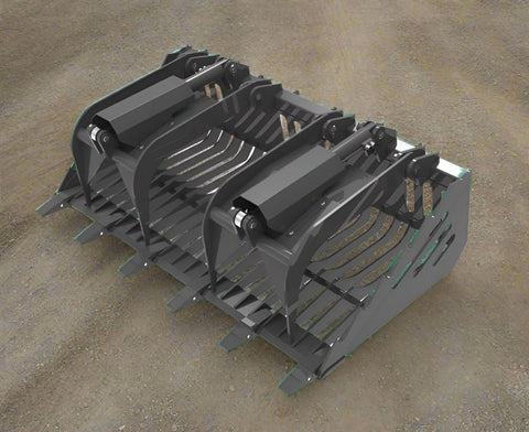 82″ rock bucket grapple with dual independent arms – front view
Side angle of tractor grapple bucket with Euro/John Deere quick attach
Heavy-duty grapple with replaceable teeth and green powder coat