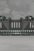 82″ rock bucket grapple with dual independent arms – front view
Side angle of tractor grapple bucket with Euro/John Deere quick attach
Heavy-duty grapple with replaceable teeth and green powder coat