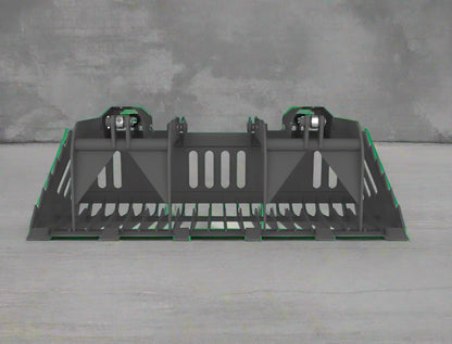 82″ rock bucket grapple with dual independent arms – front view
Side angle of tractor grapple bucket with Euro/John Deere quick attach
Heavy-duty grapple with replaceable teeth and green powder coat