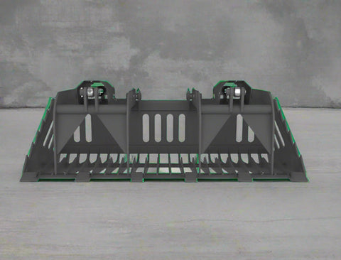 82″ rock bucket grapple with dual independent arms – front view
Side angle of tractor grapple bucket with Euro/John Deere quick attach
Heavy-duty grapple with replaceable teeth and green powder coat