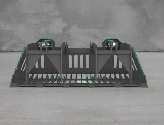 82″ rock bucket grapple with dual independent arms – front view
Side angle of tractor grapple bucket with Euro/John Deere quick attach
Heavy-duty grapple with replaceable teeth and green powder coat
