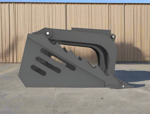 82″ rock bucket grapple with dual independent arms – front view
Side angle of tractor grapple bucket with Euro/John Deere quick attach
Heavy-duty grapple with replaceable teeth and green powder coat