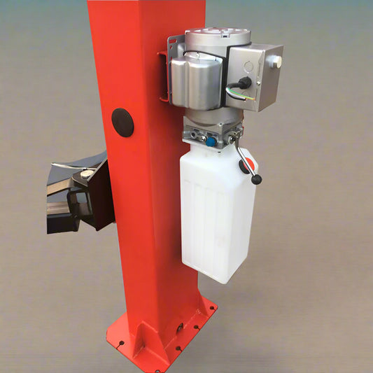 Red 2-post car hoist installed in garage

Close-up of safety lock and lift arms

Base of the lift showing manual release system

Top bar and symmetrical arm configuration