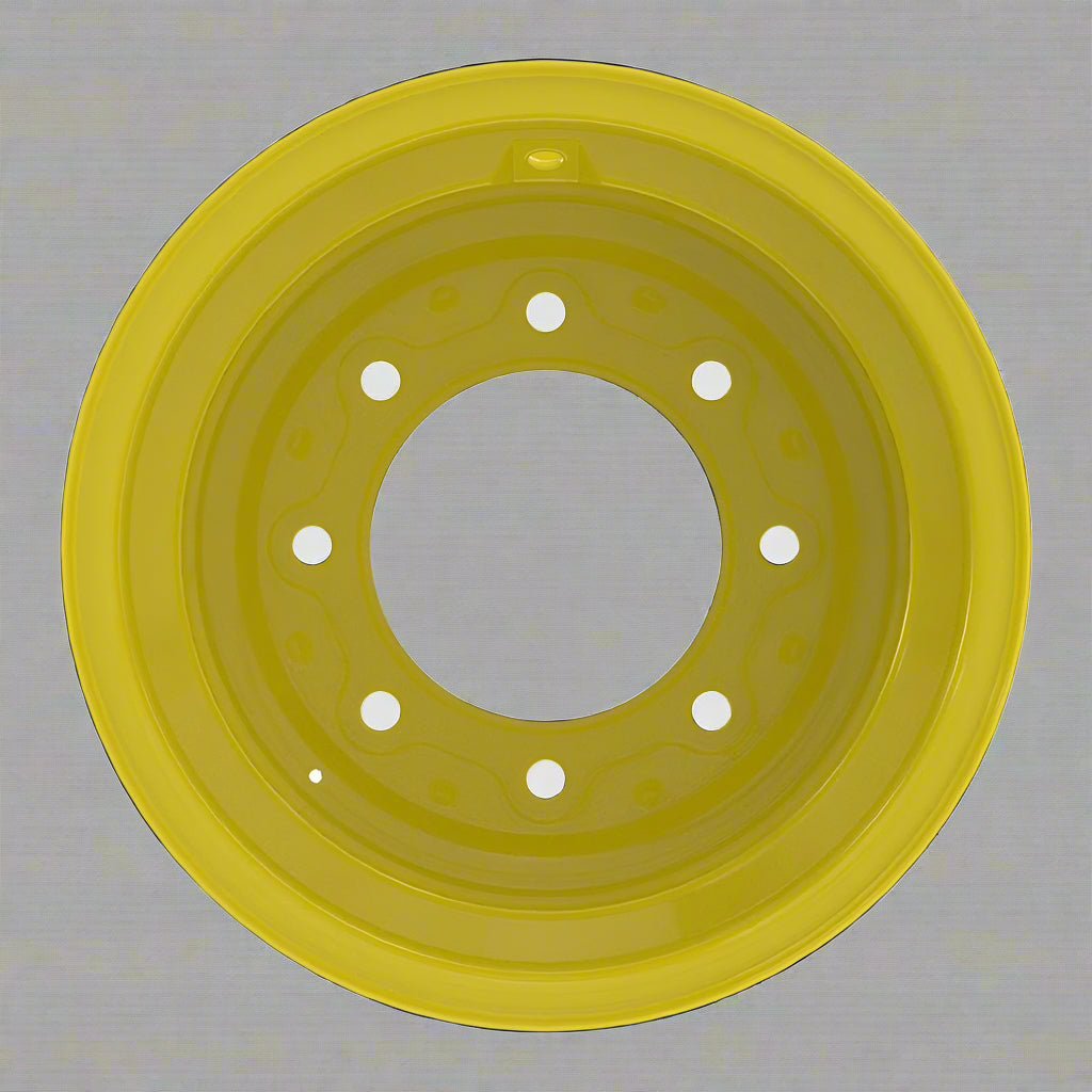 “8x15 JD Yellow AG Rim with 6 bolt holes”

“Heavy-duty tractor implement rim in Off-White”

“Tractor wheel rim compatible with 11L-15 and 9.5L-15 tires”

“Side angle view of farm equipment 8-bolt rim”

“Steel agricultural rim in John Deere yellow”