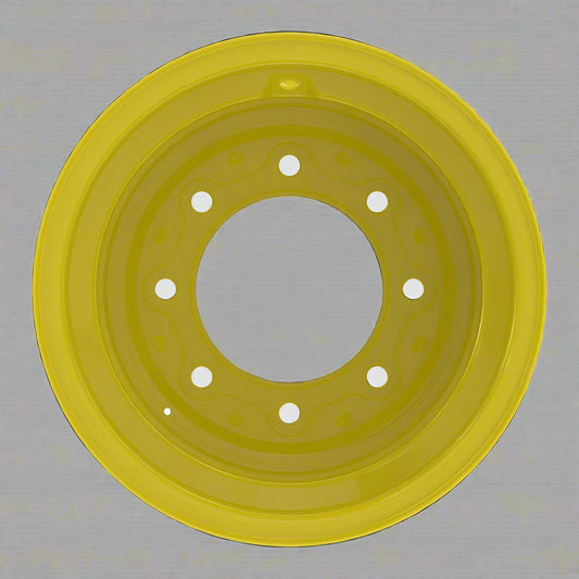“8x15 JD Yellow AG Rim with 6 bolt holes”

“Heavy-duty tractor implement rim in Off-White”

“Tractor wheel rim compatible with 11L-15 and 9.5L-15 tires”

“Side angle view of farm equipment 8-bolt rim”

“Steel agricultural rim in John Deere yellow”
