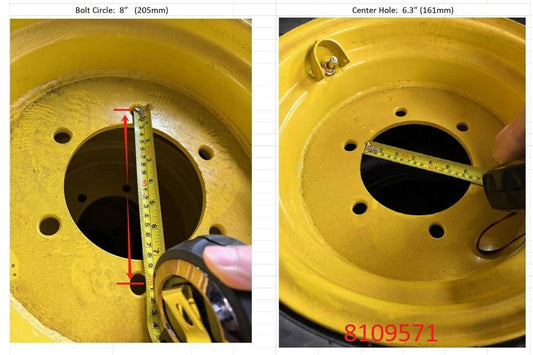“8x15 JD Yellow AG Rim with 6 bolt holes”

“Heavy-duty tractor implement rim in Off-White”

“Tractor wheel rim compatible with 11L-15 and 9.5L-15 tires”

“Side angle view of farm equipment 8-bolt rim”

“Steel agricultural rim in John Deere yellow”