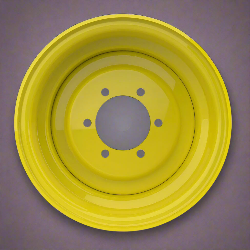 “8x15 JD Yellow AG Rim with 6 bolt holes”

“Heavy-duty tractor implement rim in Off-White”

“Tractor wheel rim compatible with 11L-15 and 9.5L-15 tires”

“Side angle view of farm equipment 8-bolt rim”

“Steel agricultural rim in John Deere yellow”