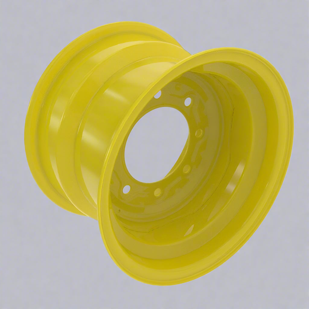 “8x15 JD Yellow AG Rim with 6 bolt holes”

“Heavy-duty tractor implement rim in Off-White”

“Tractor wheel rim compatible with 11L-15 and 9.5L-15 tires”

“Side angle view of farm equipment 8-bolt rim”

“Steel agricultural rim in John Deere yellow”