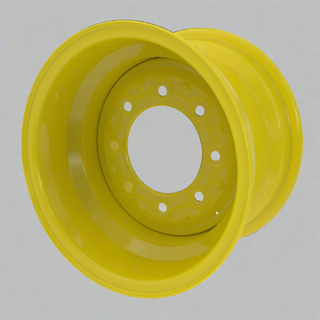 “8x15 JD Yellow AG Rim with 6 bolt holes”

“Heavy-duty tractor implement rim in Off-White”

“Tractor wheel rim compatible with 11L-15 and 9.5L-15 tires”

“Side angle view of farm equipment 8-bolt rim”

“Steel agricultural rim in John Deere yellow”