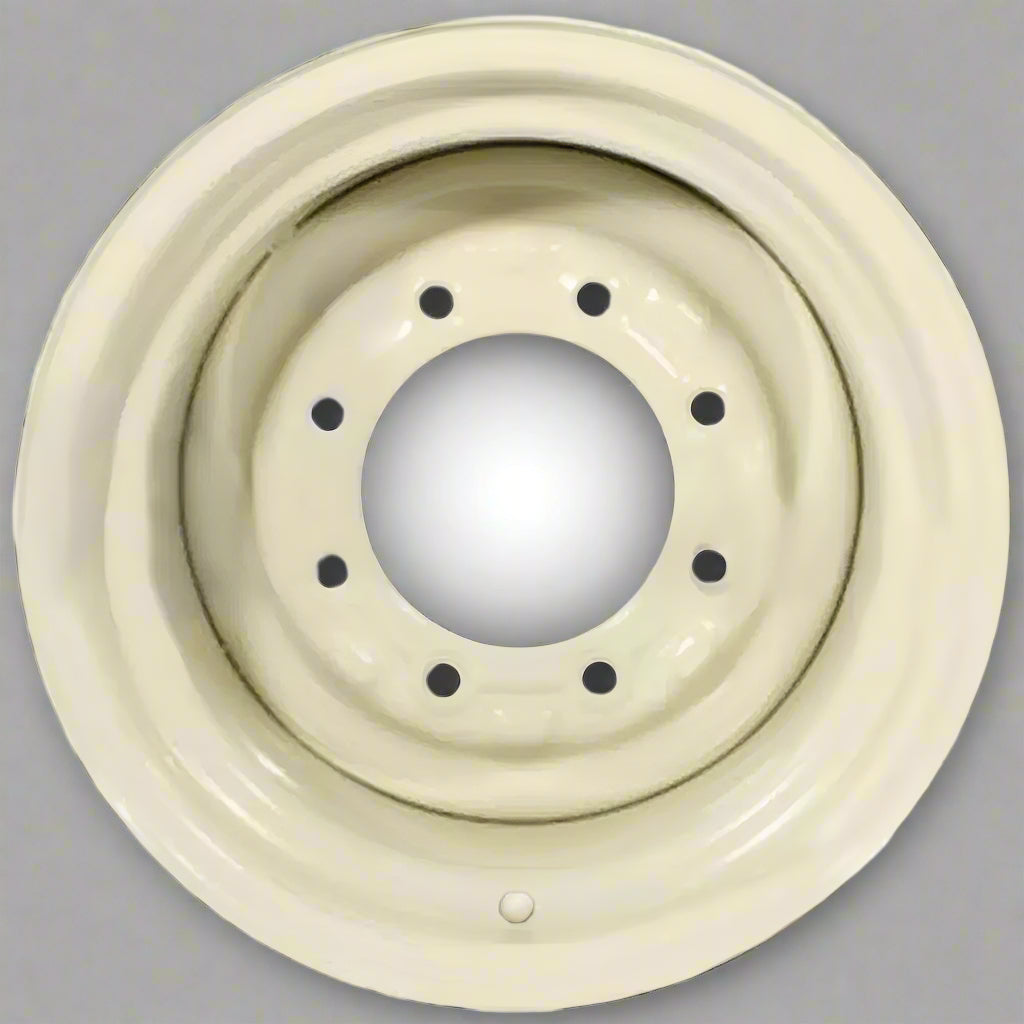 “8x15 JD Yellow AG Rim with 6 bolt holes”

“Heavy-duty tractor implement rim in Off-White”

“Tractor wheel rim compatible with 11L-15 and 9.5L-15 tires”

“Side angle view of farm equipment 8-bolt rim”

“Steel agricultural rim in John Deere yellow”