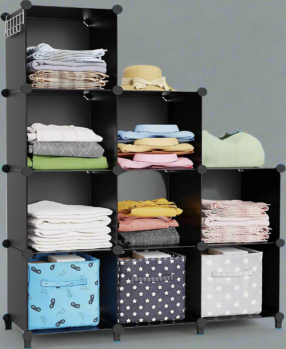 9-Cube Stackable Closet Organizer – Modular Black Storage Shelves for Clothes, Shoes, Bins, and Household Items