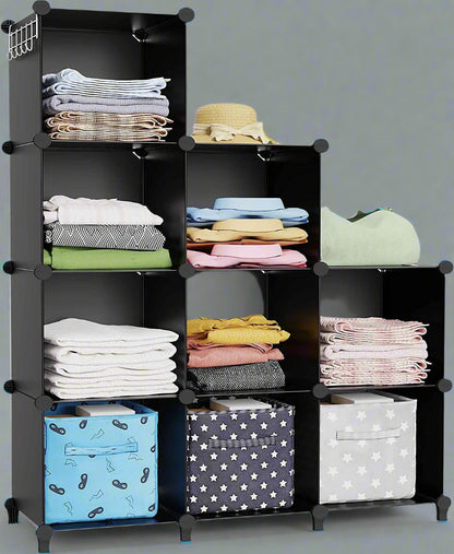 9-Cube Stackable Closet Organizer – Modular Black Storage Shelves for Clothes, Shoes, Bins, and Household Items