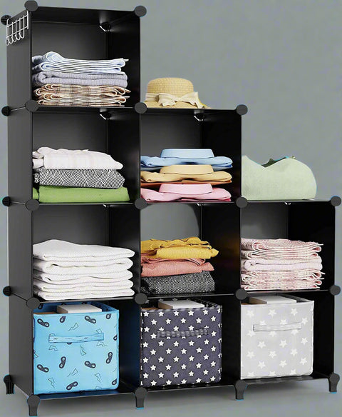 9-Cube Stackable Closet Organizer – Modular Black Storage Shelves for Clothes, Shoes, Bins, and Household Items