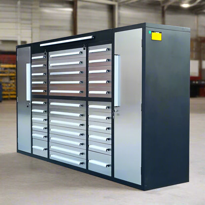 9 FT Stainless Steel Workbench – Front Angle
34-Drawer Industrial Tool Cabinet with Worktop
Heavy-Duty Stainless Steel Workbench – Top View
Workshop Tool Storage Bench with Cabinets
9FT34D2L Drawer and Cabinet System