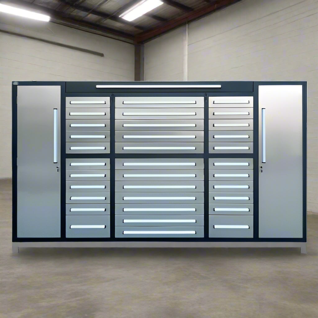 9 FT Stainless Steel Workbench – Front Angle
34-Drawer Industrial Tool Cabinet with Worktop
Heavy-Duty Stainless Steel Workbench – Top View
Workshop Tool Storage Bench with Cabinets
9FT34D2L Drawer and Cabinet System