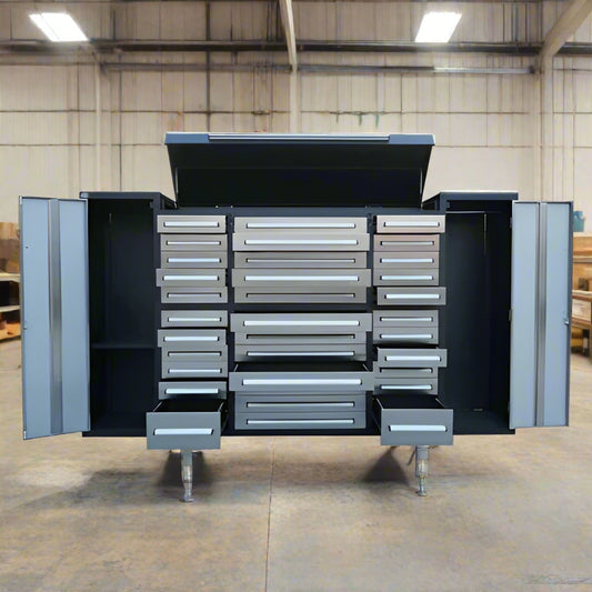 9 FT Stainless Steel Workbench – Front Angle
34-Drawer Industrial Tool Cabinet with Worktop
Heavy-Duty Stainless Steel Workbench – Top View
Workshop Tool Storage Bench with Cabinets
9FT34D2L Drawer and Cabinet System