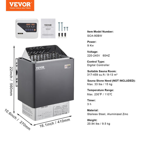 9kW Electric Sauna Heater wall-mounted design with external controller
High-efficiency sauna heater for 220V with stainless steel elements
Digital external controller for sauna temperature and timer settings
Wall-mounted sauna heating system installed in home spa
Compact electric sauna heater with 9kW power output and heat-resistant housing