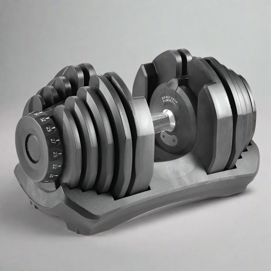 Adjustable dumbbell with chrome handle and weight dial system
90 lb dumbbell set for home strength training workouts
Compact adjustable dumbbell with 15 weight settings
Black plastic-coated adjustable dumbbell with anti-slip grip