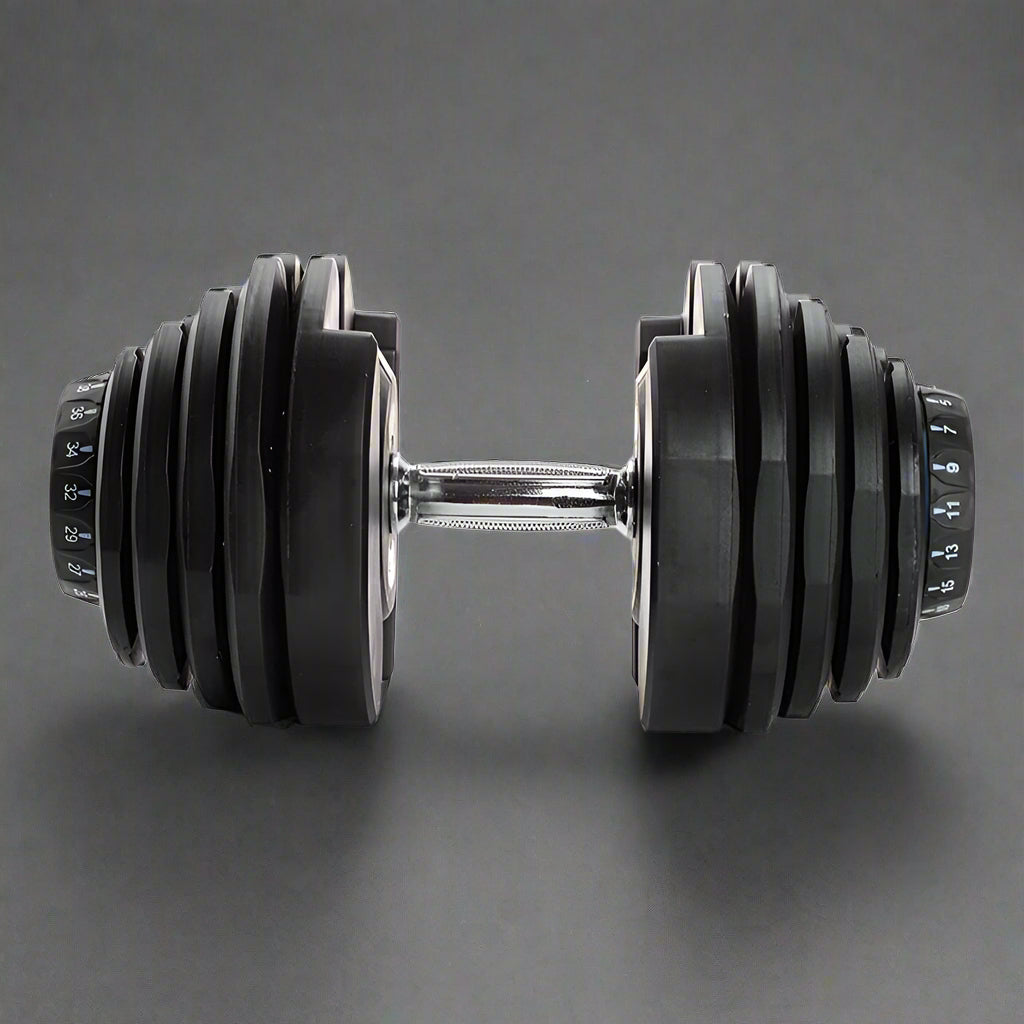 Adjustable dumbbell with chrome handle and weight dial system
90 lb dumbbell set for home strength training workouts
Compact adjustable dumbbell with 15 weight settings
Black plastic-coated adjustable dumbbell with anti-slip grip