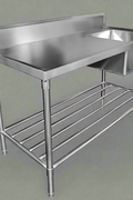 Front view of 94" stainless steel commercial sink with undershelf

Left-side sink table with basket strainer and drain

Right-side commercial prep sink with backsplash

Fully assembled stainless steel prep station with storage

Welded interior bowl and polished finish of stainless steel sink