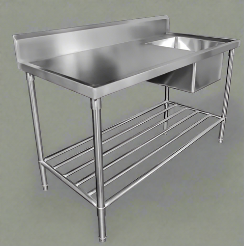 Front view of 94" stainless steel commercial sink with undershelf

Left-side sink table with basket strainer and drain

Right-side commercial prep sink with backsplash

Fully assembled stainless steel prep station with storage

Welded interior bowl and polished finish of stainless steel sink