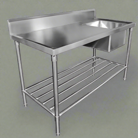 Front view of 94" stainless steel commercial sink with undershelf

Left-side sink table with basket strainer and drain

Right-side commercial prep sink with backsplash

Fully assembled stainless steel prep station with storage

Welded interior bowl and polished finish of stainless steel sink