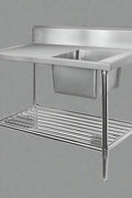 Front view of 94" stainless steel commercial sink with undershelf

Left-side sink table with basket strainer and drain

Right-side commercial prep sink with backsplash

Fully assembled stainless steel prep station with storage

Welded interior bowl and polished finish of stainless steel sink