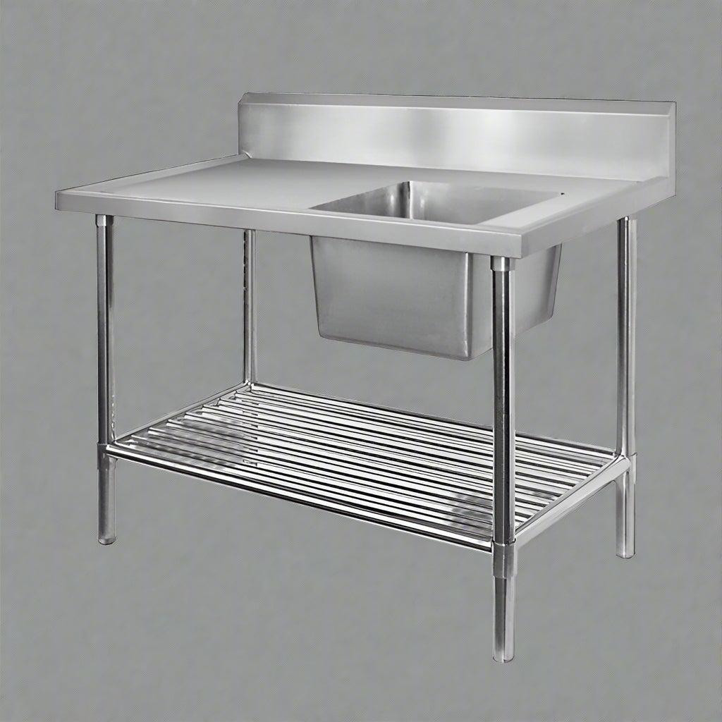 Front view of 94" stainless steel commercial sink with undershelf

Left-side sink table with basket strainer and drain

Right-side commercial prep sink with backsplash

Fully assembled stainless steel prep station with storage

Welded interior bowl and polished finish of stainless steel sink