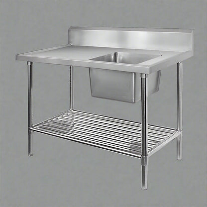 Front view of 94" stainless steel commercial sink with undershelf

Left-side sink table with basket strainer and drain

Right-side commercial prep sink with backsplash

Fully assembled stainless steel prep station with storage

Welded interior bowl and polished finish of stainless steel sink