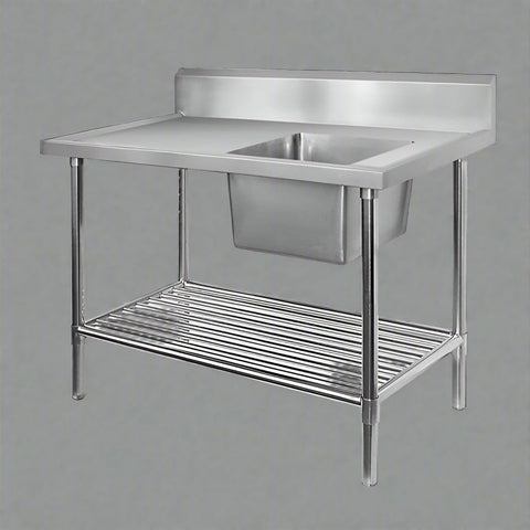 Front view of 94" stainless steel commercial sink with undershelf

Left-side sink table with basket strainer and drain

Right-side commercial prep sink with backsplash

Fully assembled stainless steel prep station with storage

Welded interior bowl and polished finish of stainless steel sink