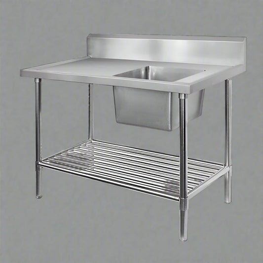 Front view of 94" stainless steel commercial sink with undershelf

Left-side sink table with basket strainer and drain

Right-side commercial prep sink with backsplash

Fully assembled stainless steel prep station with storage

Welded interior bowl and polished finish of stainless steel sink