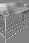 Front view of 94" stainless steel commercial sink with undershelf

Left-side sink table with basket strainer and drain

Right-side commercial prep sink with backsplash

Fully assembled stainless steel prep station with storage

Welded interior bowl and polished finish of stainless steel sink