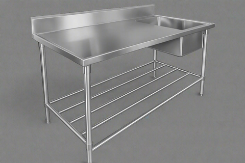 Front view of 94" stainless steel commercial sink with undershelf

Left-side sink table with basket strainer and drain

Right-side commercial prep sink with backsplash

Fully assembled stainless steel prep station with storage

Welded interior bowl and polished finish of stainless steel sink