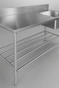 Front view of 94" stainless steel commercial sink with undershelf

Left-side sink table with basket strainer and drain

Right-side commercial prep sink with backsplash

Fully assembled stainless steel prep station with storage

Welded interior bowl and polished finish of stainless steel sink