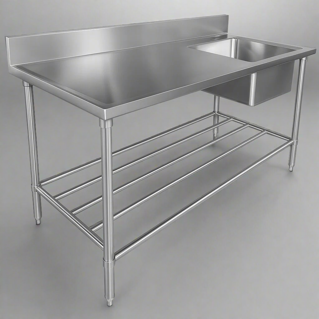 Front view of 94" stainless steel commercial sink with undershelf

Left-side sink table with basket strainer and drain

Right-side commercial prep sink with backsplash

Fully assembled stainless steel prep station with storage

Welded interior bowl and polished finish of stainless steel sink