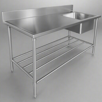Front view of 94" stainless steel commercial sink with undershelf

Left-side sink table with basket strainer and drain

Right-side commercial prep sink with backsplash

Fully assembled stainless steel prep station with storage

Welded interior bowl and polished finish of stainless steel sink
