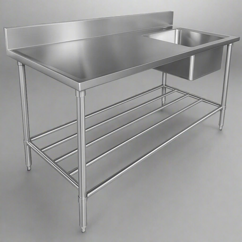 Front view of 94" stainless steel commercial sink with undershelf

Left-side sink table with basket strainer and drain

Right-side commercial prep sink with backsplash

Fully assembled stainless steel prep station with storage

Welded interior bowl and polished finish of stainless steel sink