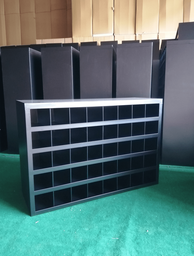 Steel bolt bin cabinet with 96 compartments – black

Red bolt organizer cabinet – front view

Side-by-side metal bin cabinets for hardware storage

Open hardware parts bins mounted on workshop wall

Heavy-duty steel bin rack for bolts and fasteners