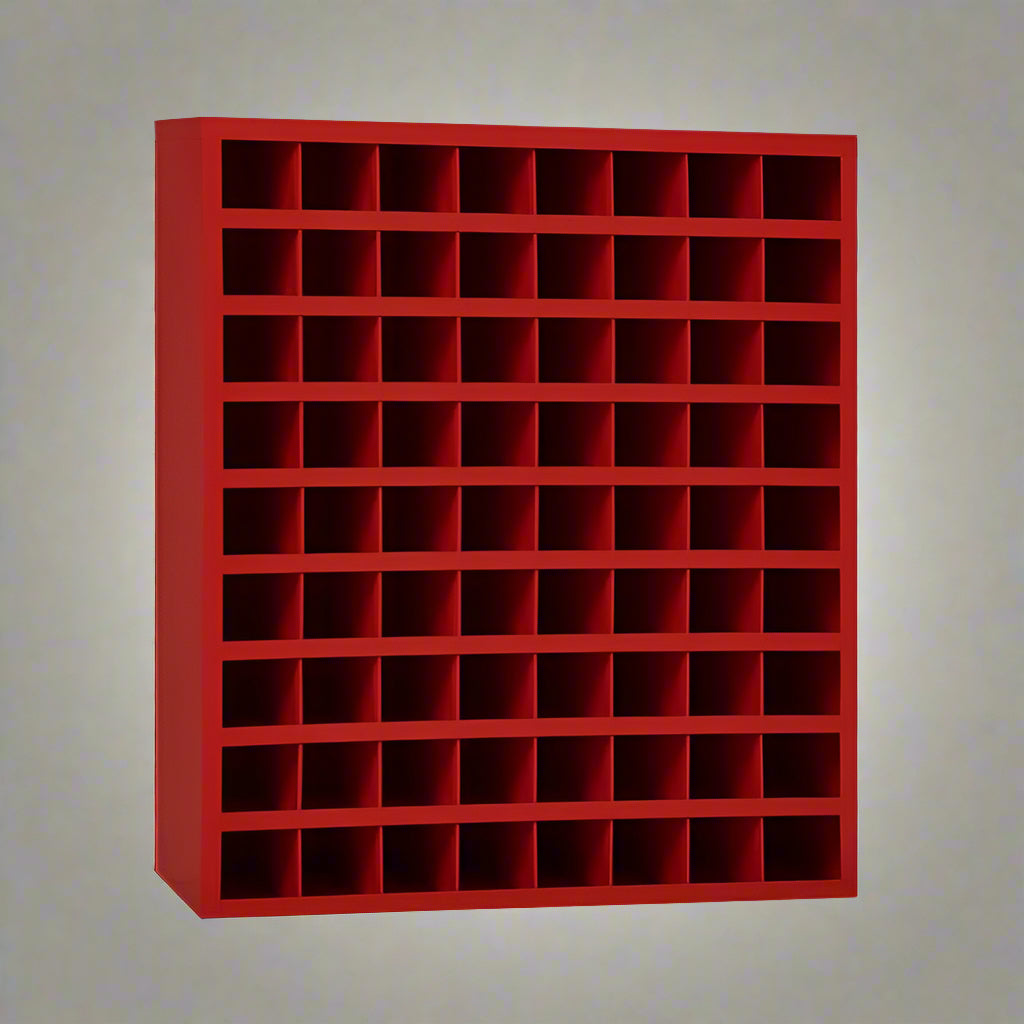 Steel bolt bin cabinet with 96 compartments – black

Red bolt organizer cabinet – front view

Side-by-side metal bin cabinets for hardware storage

Open hardware parts bins mounted on workshop wall

Heavy-duty steel bin rack for bolts and fasteners