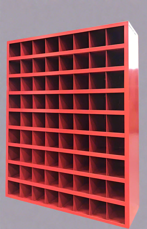 Steel bolt bin cabinet with 96 compartments – black

Red bolt organizer cabinet – front view

Side-by-side metal bin cabinets for hardware storage

Open hardware parts bins mounted on workshop wall

Heavy-duty steel bin rack for bolts and fasteners