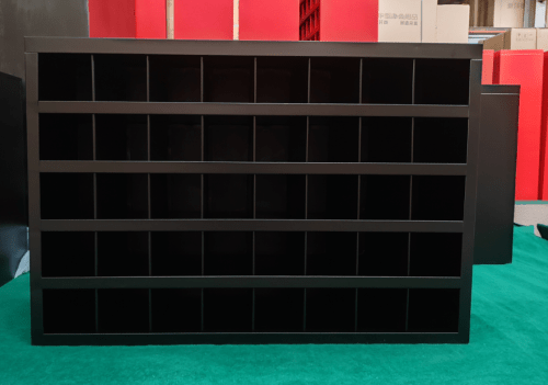 Steel bolt bin cabinet with 96 compartments – black

Red bolt organizer cabinet – front view

Side-by-side metal bin cabinets for hardware storage

Open hardware parts bins mounted on workshop wall

Heavy-duty steel bin rack for bolts and fasteners