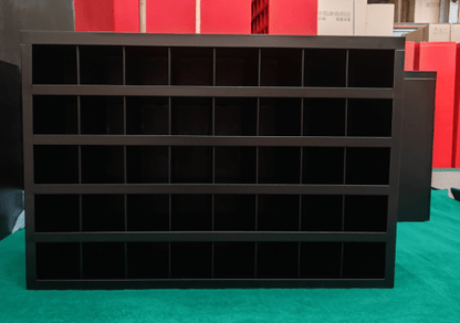 Steel bolt bin cabinet with 96 compartments – black

Red bolt organizer cabinet – front view

Side-by-side metal bin cabinets for hardware storage

Open hardware parts bins mounted on workshop wall

Heavy-duty steel bin rack for bolts and fasteners