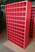Steel bolt bin cabinet with 96 compartments – black

Red bolt organizer cabinet – front view

Side-by-side metal bin cabinets for hardware storage

Open hardware parts bins mounted on workshop wall

Heavy-duty steel bin rack for bolts and fasteners